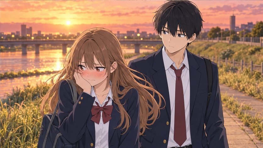 夕暮れの河川敷で顔を赤らめる少女と隣を歩く少年のイメージ