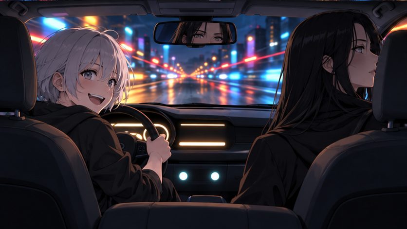 夜の街を車で走る二人の女性のイメージ