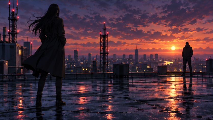 夕暮れのビル屋上で対峙する二つの人影のイメージ