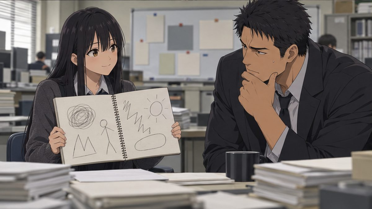 スケッチブックの絵で推理を伝える鶫と、困惑する切鮫のイメージ