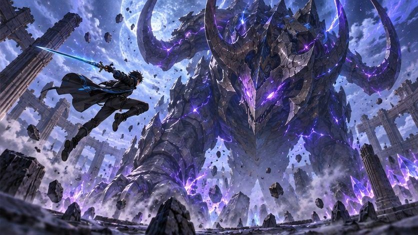 巨大なボスモンスターに単身で挑みかかる主人公