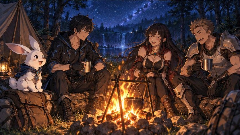 焚き火を囲む主人公とうさぎのNPC、仲間のプレイヤーたち