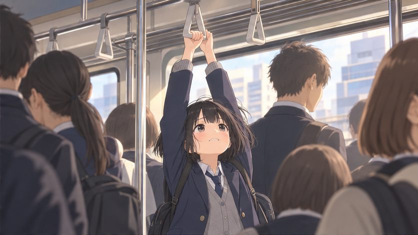 満員電車でつり革につかまる高校生の少女のイメージ