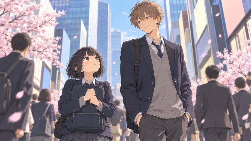 桜の舞う都会の朝、並んで立つ高校生の少女と長身の少年のイメージ