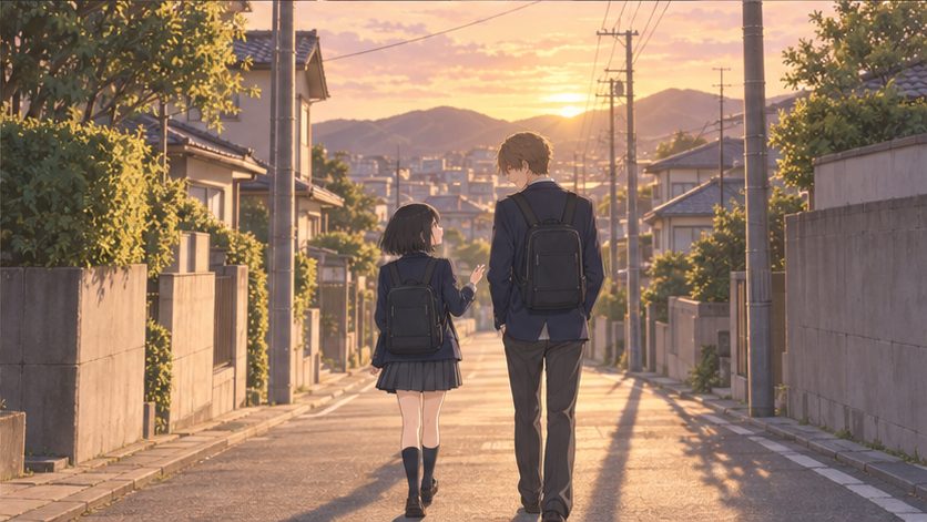 夕暮れの住宅街を並んで歩いて帰る2人の高校生のイメージ