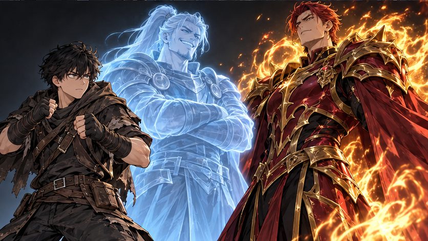 ぼろを着た青年と霊体の戦士と炎をまとう紅の戦士のイメージ