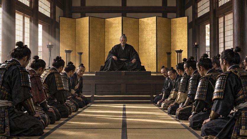 城の大広間で居並ぶ武将たちに宣言する天下人のイメージ