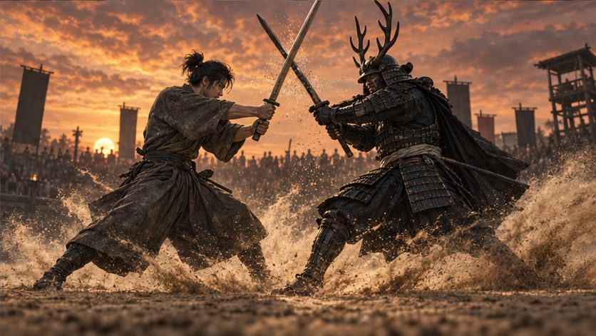 夕暮れの闘技場で刃を交える二人の武芸者のイメージ