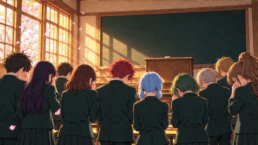 誰も立っていない教壇に向かって並ぶ卒業式の生徒たちのイラスト