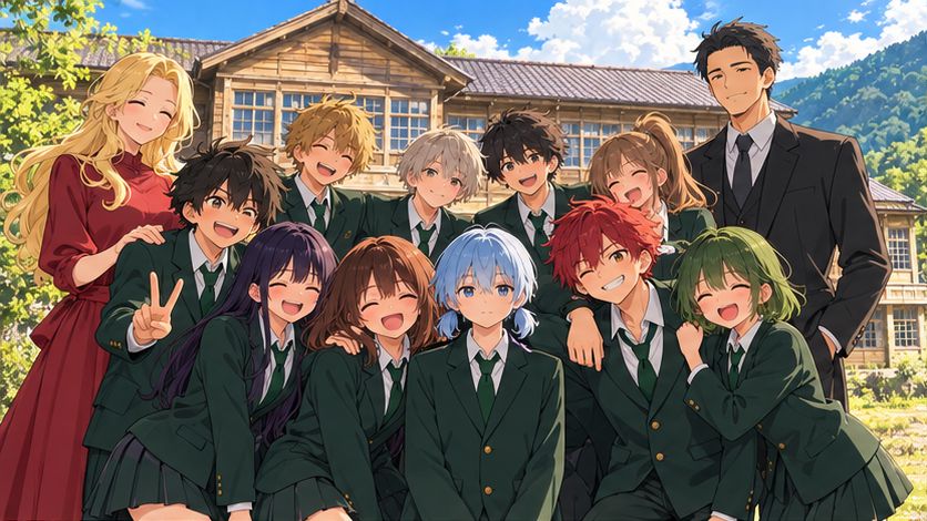 旧校舎の前に並ぶ3年E組の生徒と担任たちのイラスト