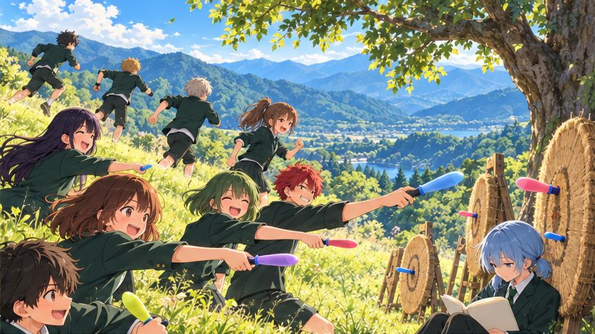 山の斜面で暗殺の訓練と勉強に取り組む生徒たちのイラスト
