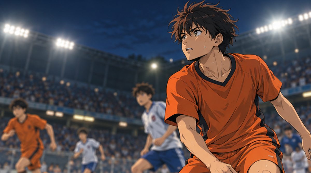 試合中に顔を上げてピッチを見渡すサッカー選手のイラスト
