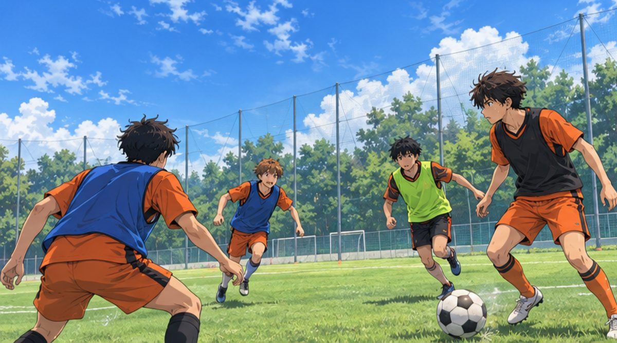 練習場でパス練習をするユースの選手たちのイラスト