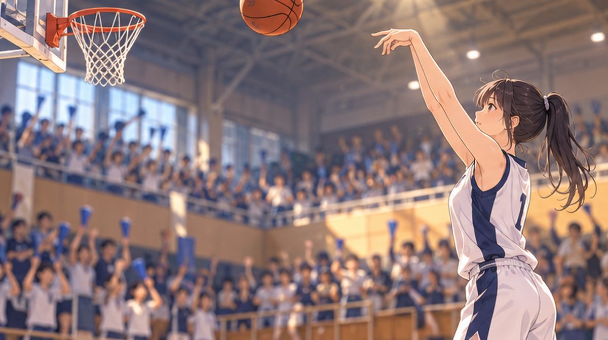 試合でシュートを打つ女子バスケ部員のイラスト