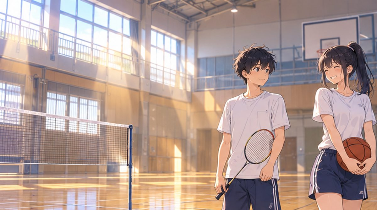朝の体育館で並ぶバドミントン部の男子とバスケ部の女子のイラスト