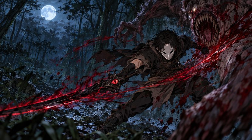 仮面の剣士が夜の森で魔物を狩るイメージイラスト