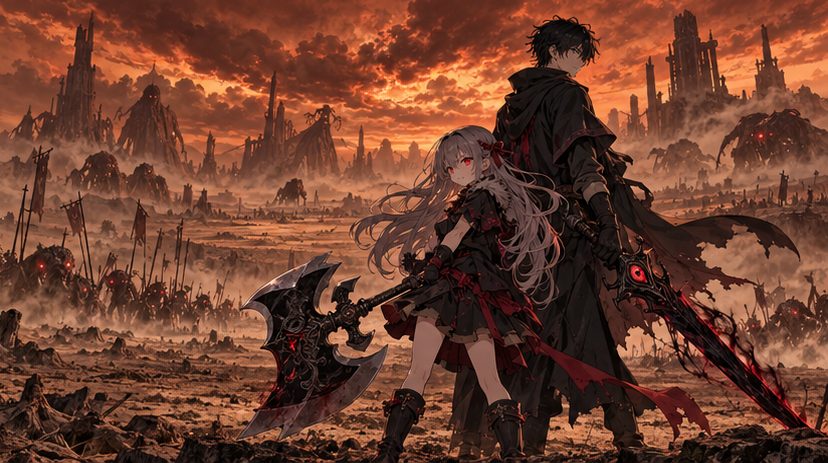 黒剣の青年と大斧の少女が荒野に立つイメージイラスト