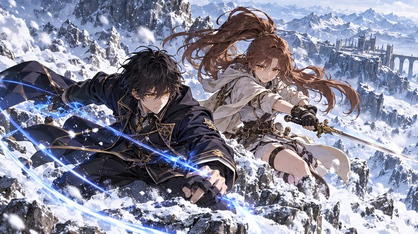 雪の山脈で修行するルーカスと仲間の少女のイメージイラスト
