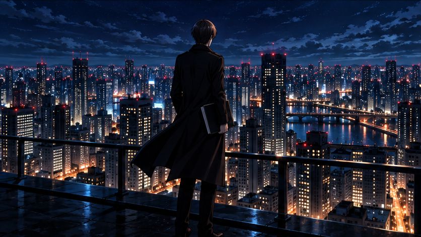 夜の街を屋上から見下ろす、ノートを抱えた人物の後ろ姿のイラスト