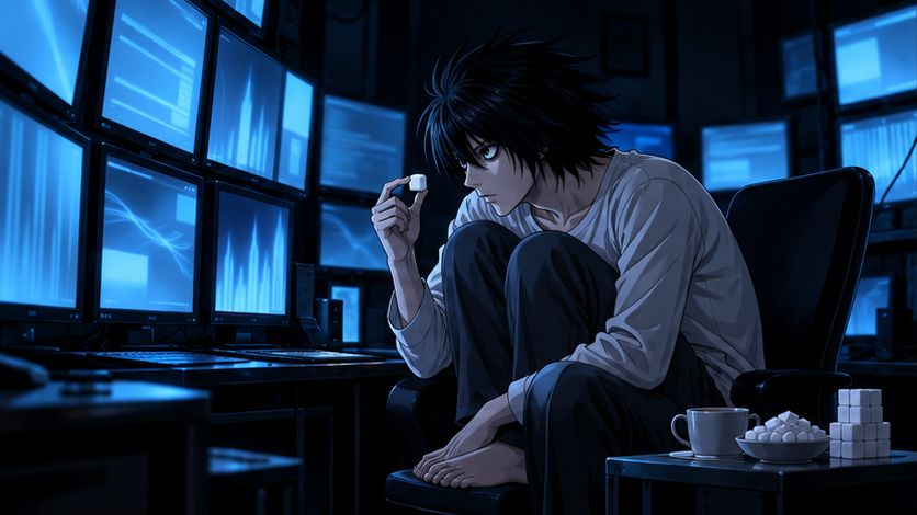 モニターの前で膝を抱えて座り、角砂糖をつまむ探偵のイラスト