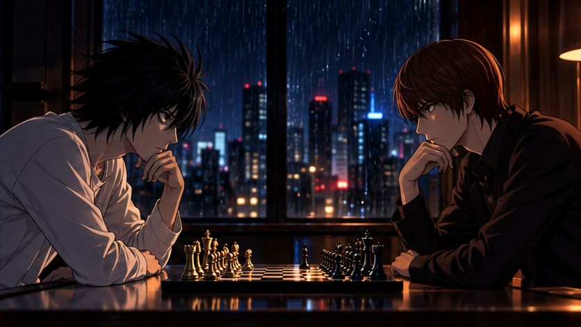 雨の夜景を背に、チェス盤を挟んで向かい合う二人のイラスト