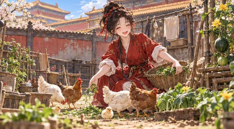 後宮の中庭で鶏の世話をする少女のイメージイラスト
