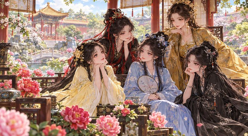 庭園の東屋に集う五人の雛女のイメージイラスト