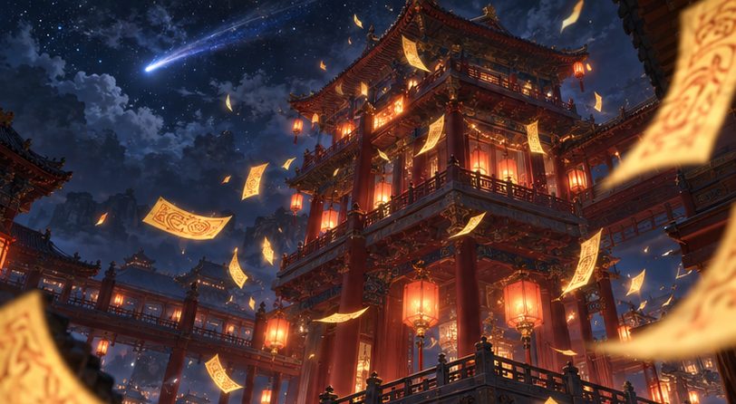 箒星が流れる夜の後宮の楼閣のイメージイラスト