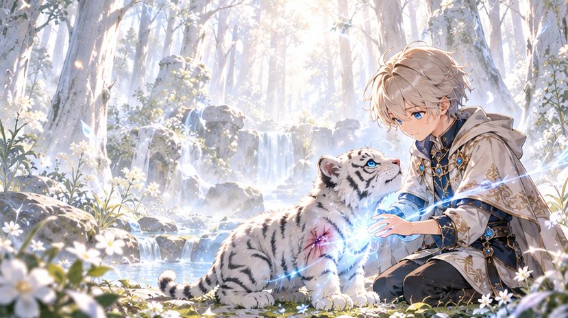 白い森で聖獣の子を癒やす少年のイメージイラスト