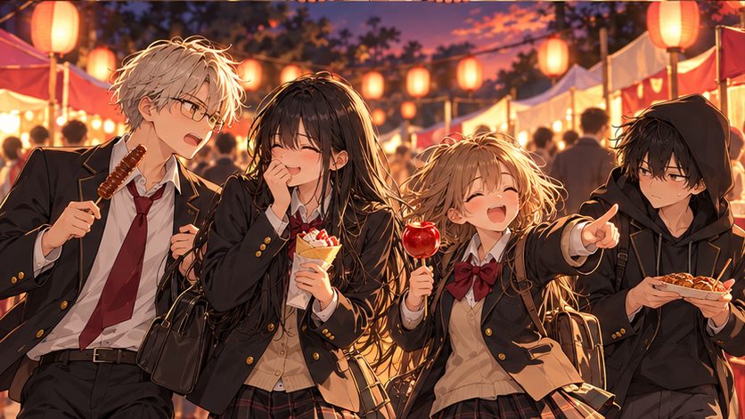 学園祭の夜店でにぎやかに過ごす生徒会メンバーのイラスト