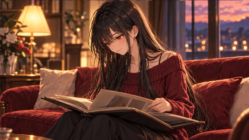 年月が流れたあと、ソファでアルバムを眺める女性のイラスト