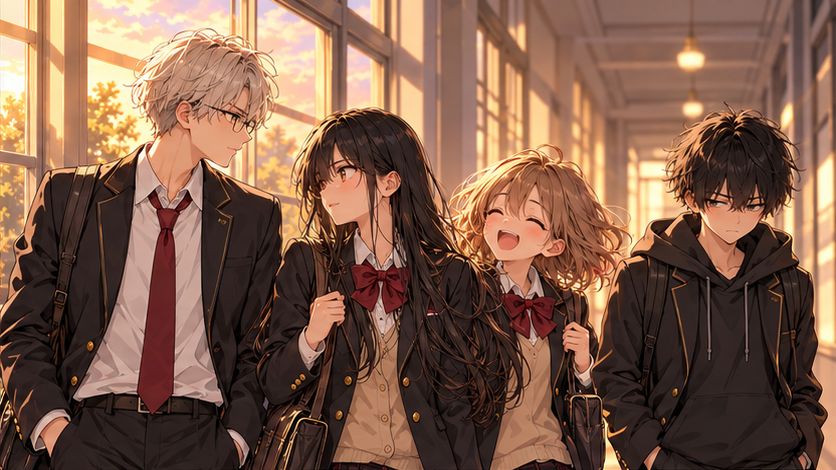 生徒会の4人が放課後の廊下に並んで立っているイラスト