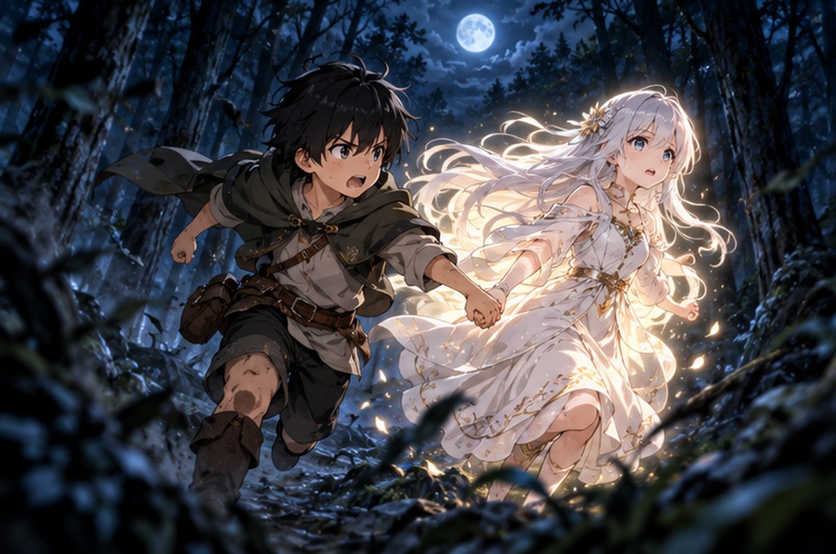 『物語の黒幕に転生して』イメージ：夜の森を逃げるレンと聖女リシア