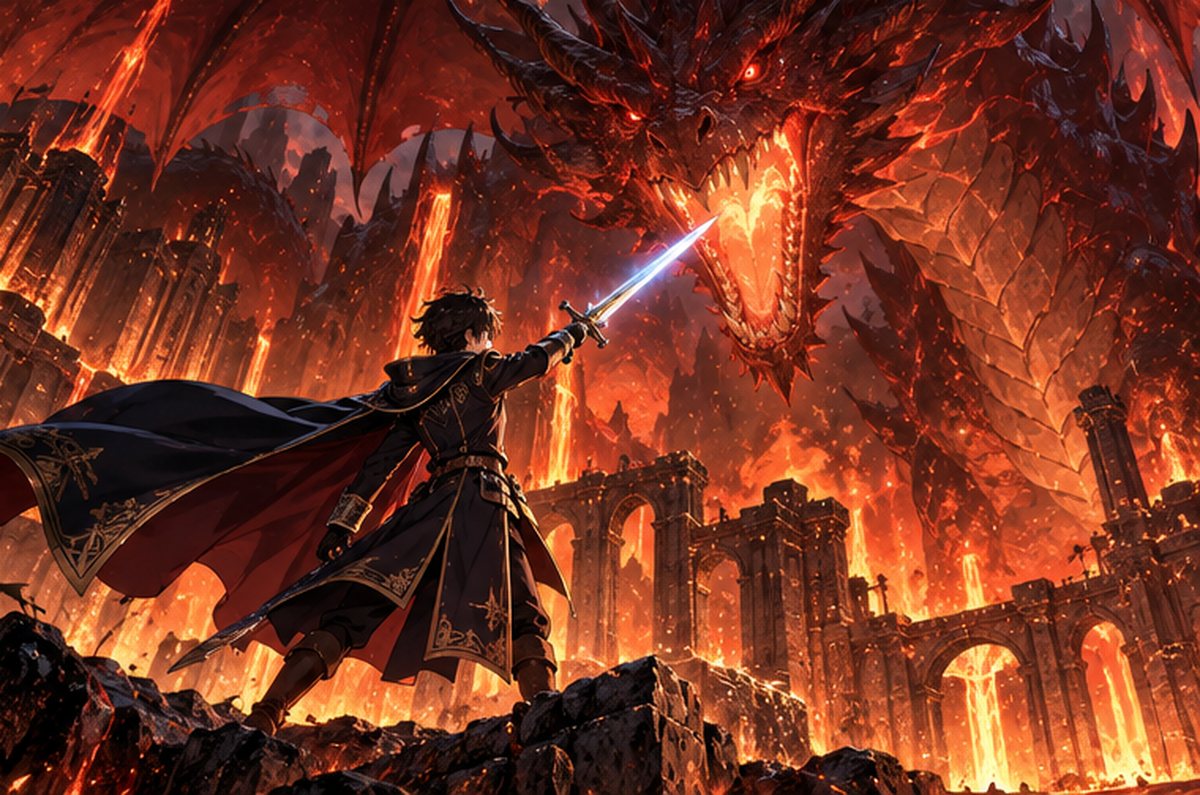『物語の黒幕に転生して』イメージ：赤龍に剣を向けるレン