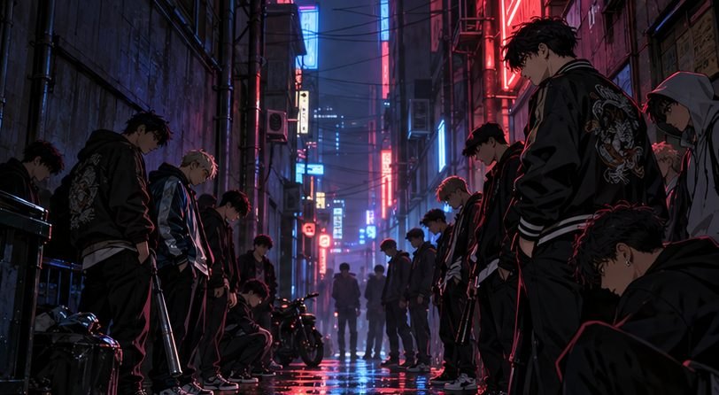 夜の路地でにらみ合う不良グループのイメージイラスト