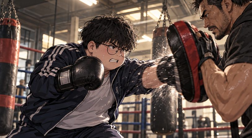 ジムでミットに打ち込む少年と指導者のイメージイラスト