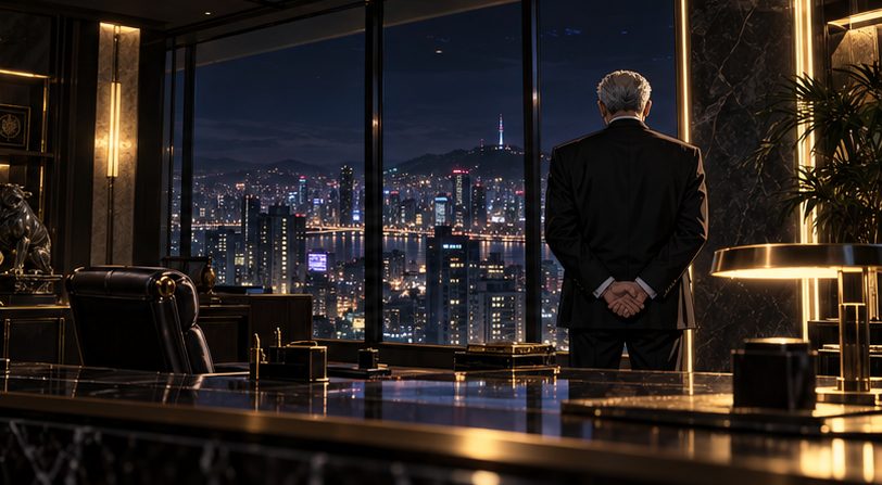 高層ビルの社長室から夜景を見下ろす会長のイメージイラスト