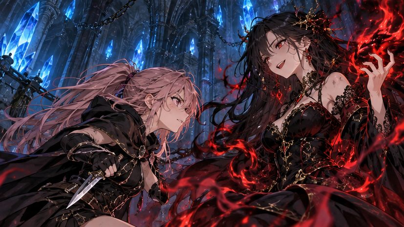 ダンジョンで黒髪の令嬢と対峙する少女のイメージイラスト