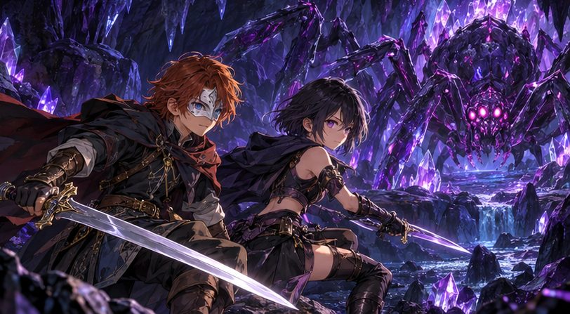 水晶の洞窟で巨大な蜘蛛と戦う冒険者のイメージイラスト