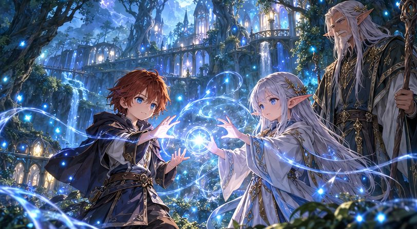 エルフの森で魔法を修行する少年と少女のイメージイラスト