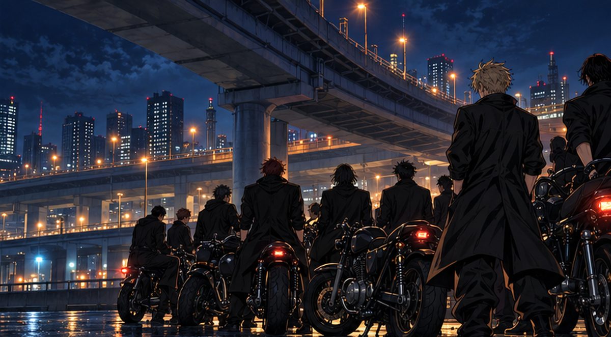 夜の高架下にバイクと集まる不良たちのイラスト