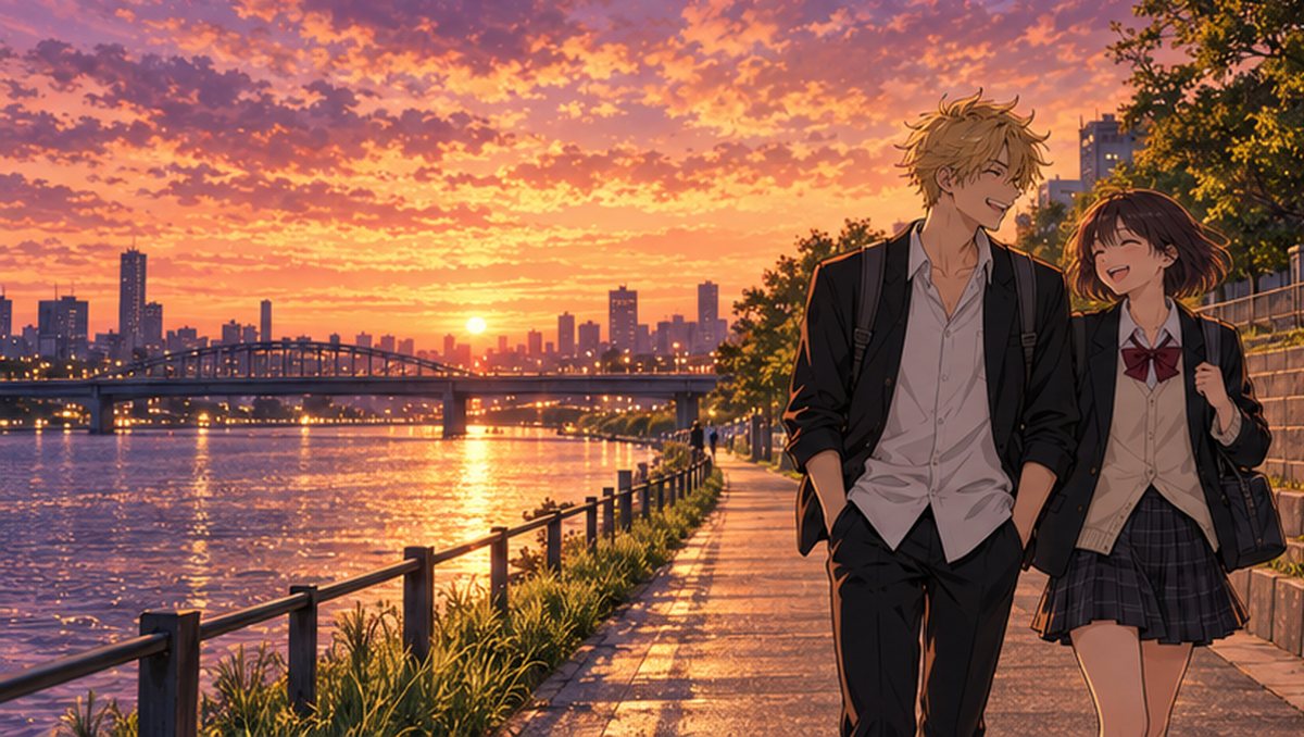 夕日の川沿いを並んで歩く高校生のカップルのイラスト