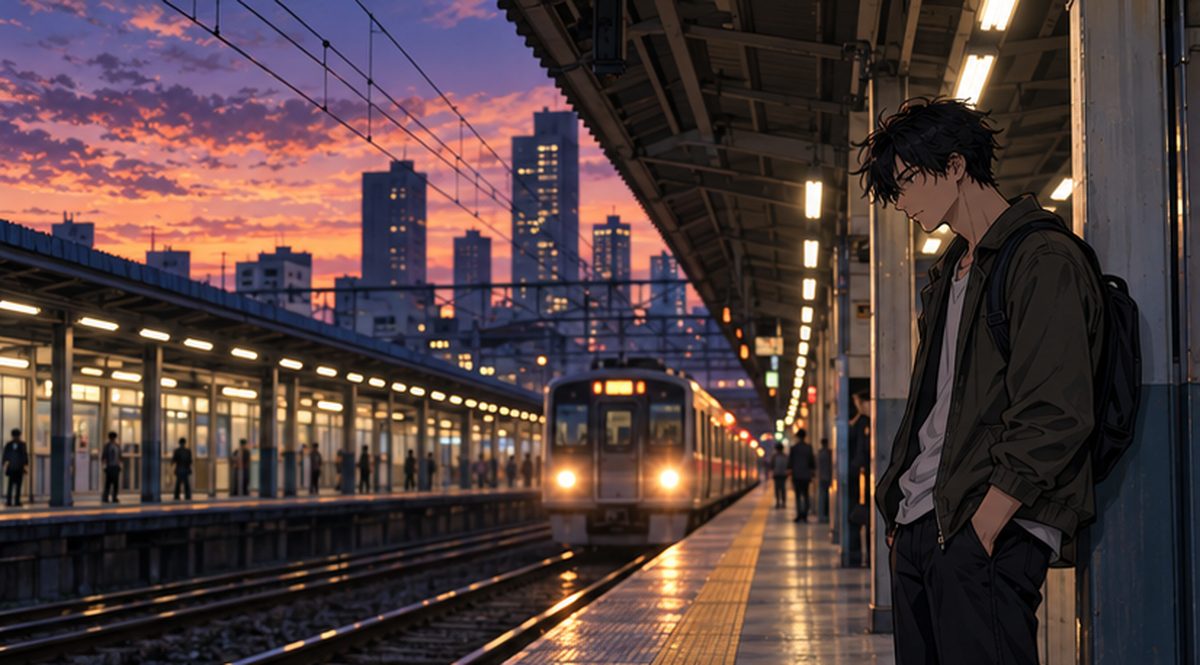 夕暮れの駅のホームにひとり立つ青年のイラスト