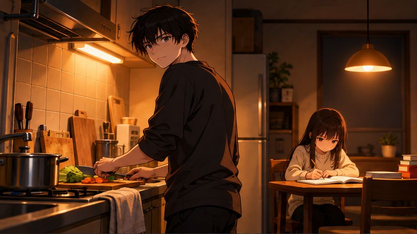台所で夕食を作りながら、宿題をする妹を見守る少年のイラスト