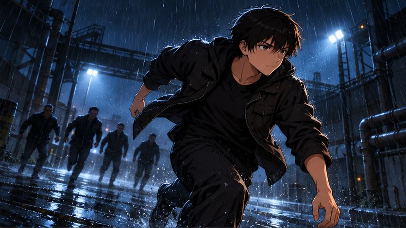 雨の夜、追ってくる人影を背に駆ける少年のイラスト