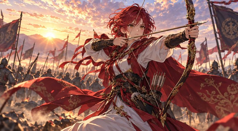 朝日の戦場で弓を引く赤い髪の少女のイメージイラスト