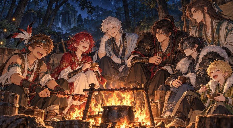 焚き火を囲んで笑い合う旅の仲間たちのイメージイラスト